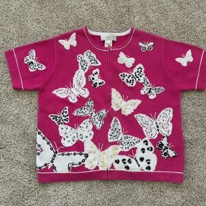 Susan Bristol Petite L Knitted Sweater Butterfly Short Sleeve Pink Butterfly Zip